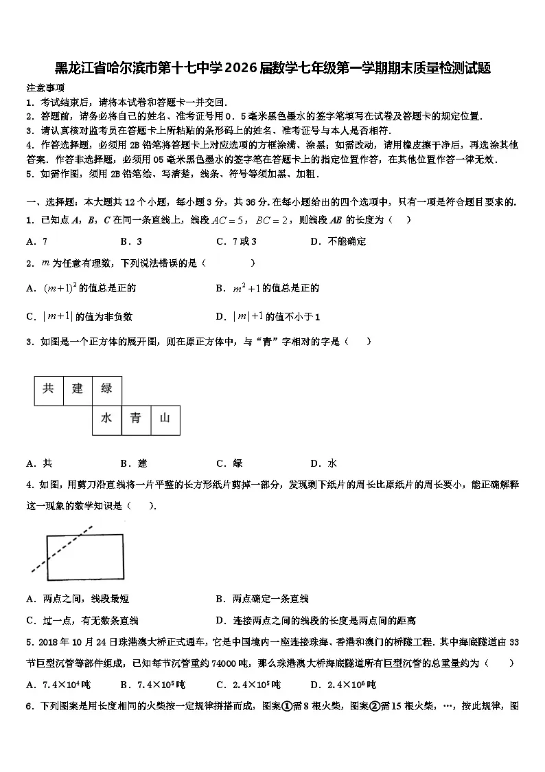 黑龙江省哈尔滨市第十七中学2026届数学七年级第一学期期末质量检测试题含解析第1页