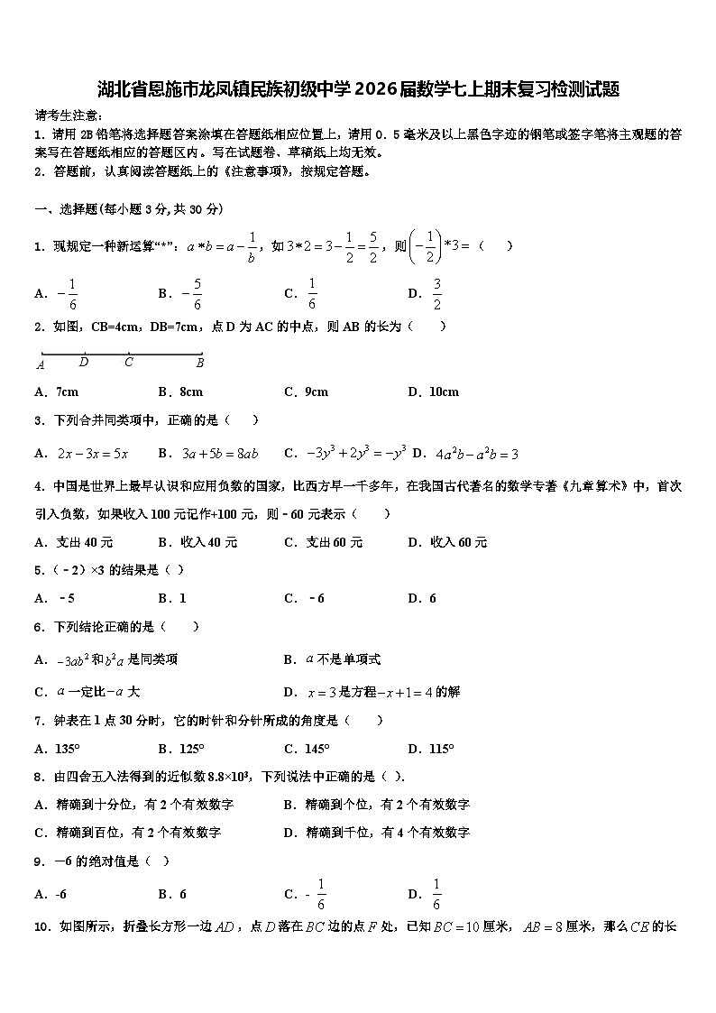 湖北省恩施市龙凤镇民族初级中学2026届数学七上期末复习检测试题含解析第1页