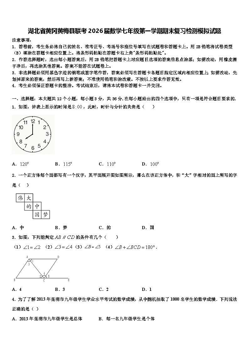 湖北省黄冈黄梅县联考2026届数学七年级第一学期期末复习检测模拟试题含解析第1页