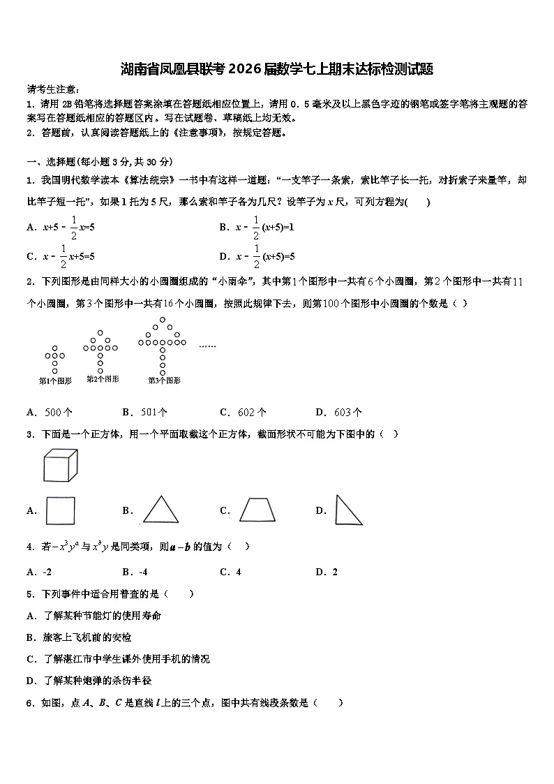 湖南省凤凰县联考2026届数学七上期末达标检测试题含解析第1页