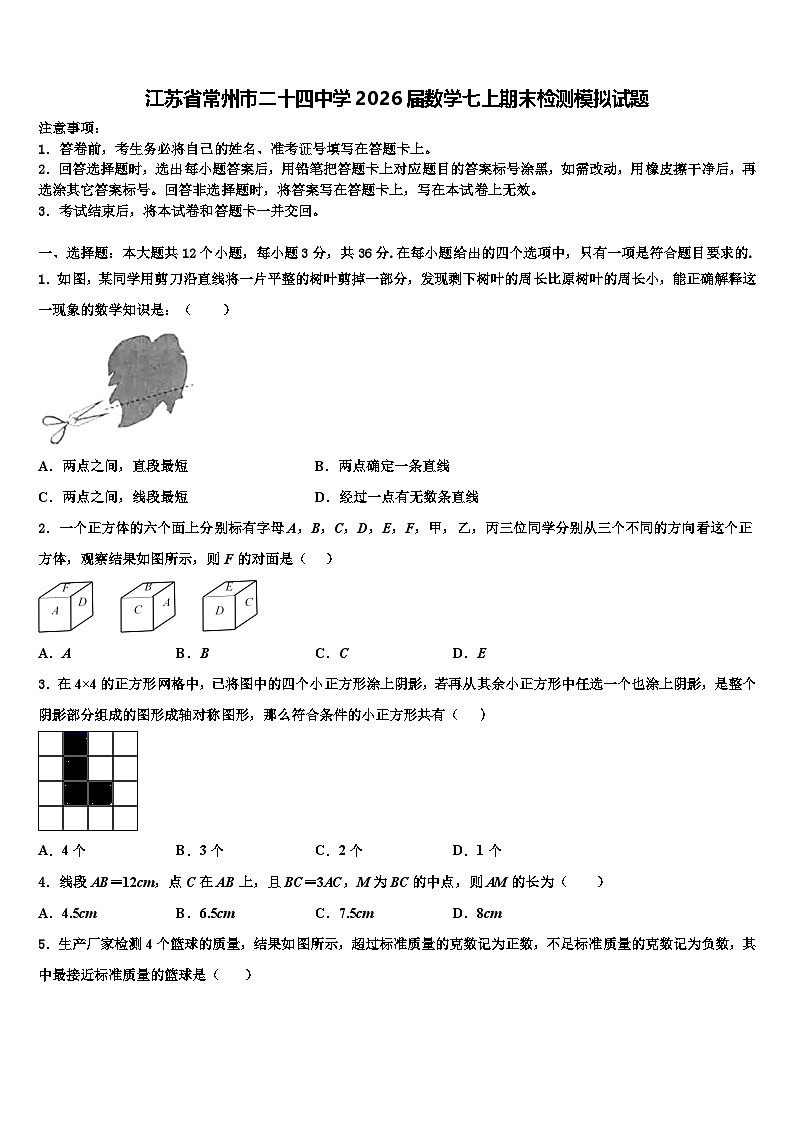 江苏省常州市二十四中学2026届数学七上期末检测模拟试题含解析第1页