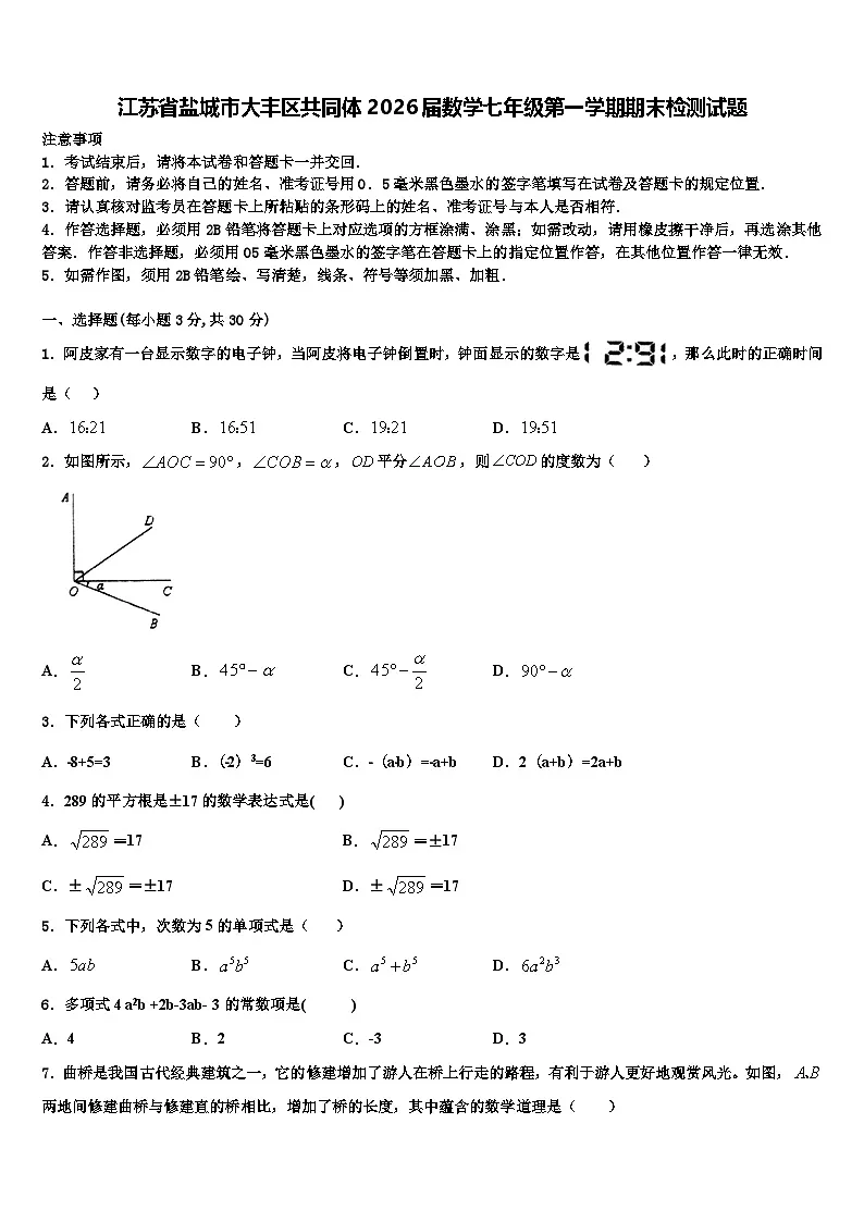 江苏省盐城市大丰区共同体2026届数学七年级第一学期期末检测试题含解析第1页