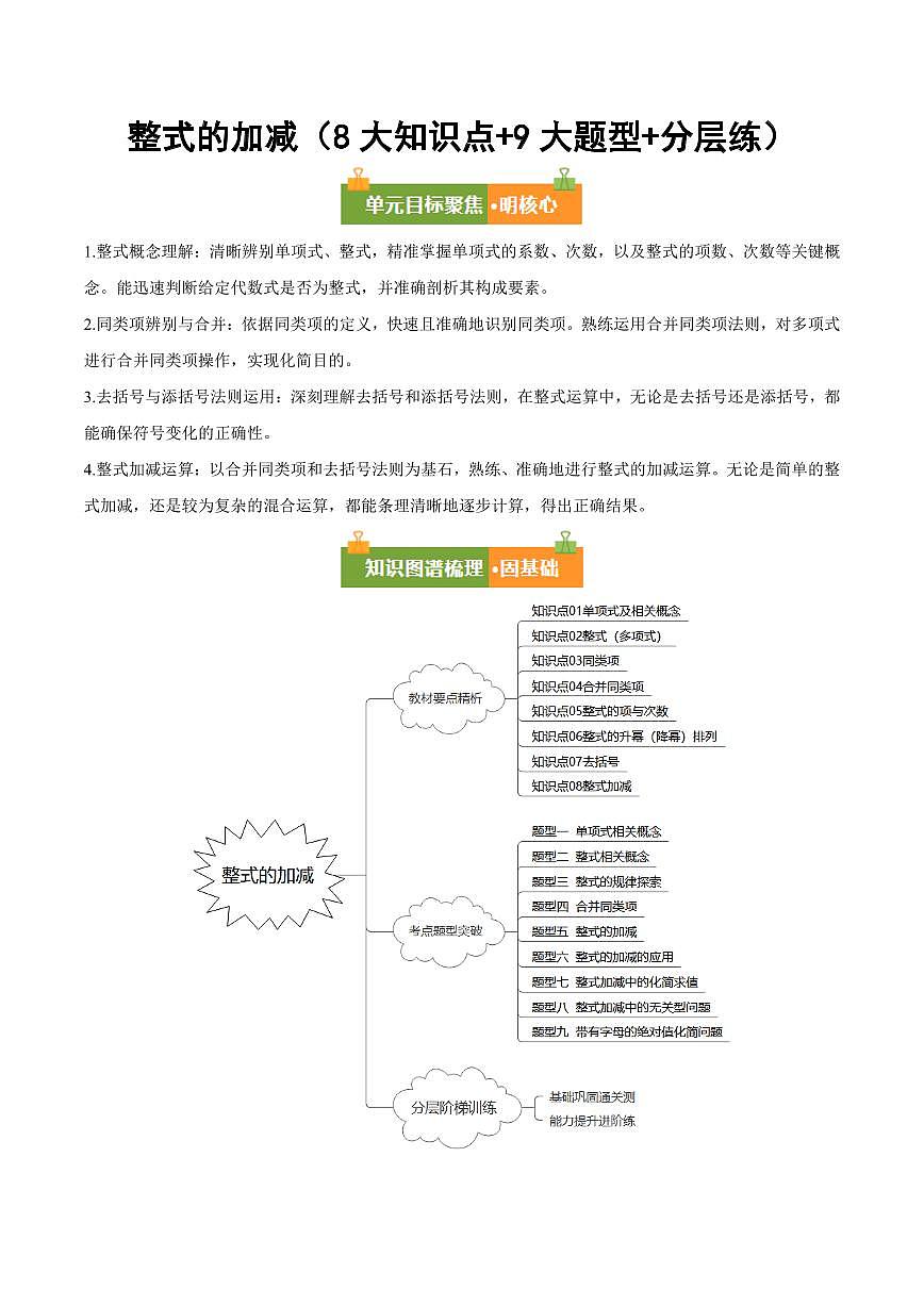 整式的加减(8大知识点+9大题型+分层练)(原卷版)第1页