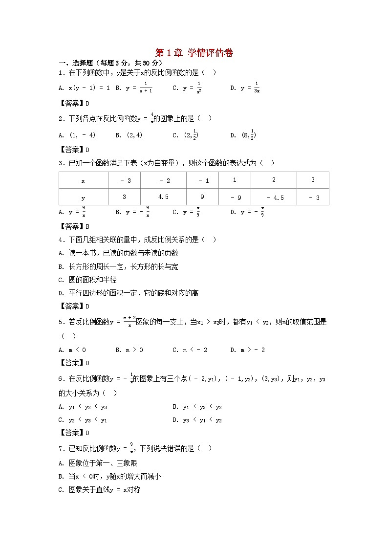 2025秋九年级数学上册第1章反比例函数学情评估试卷(含解析湘教版)第1页