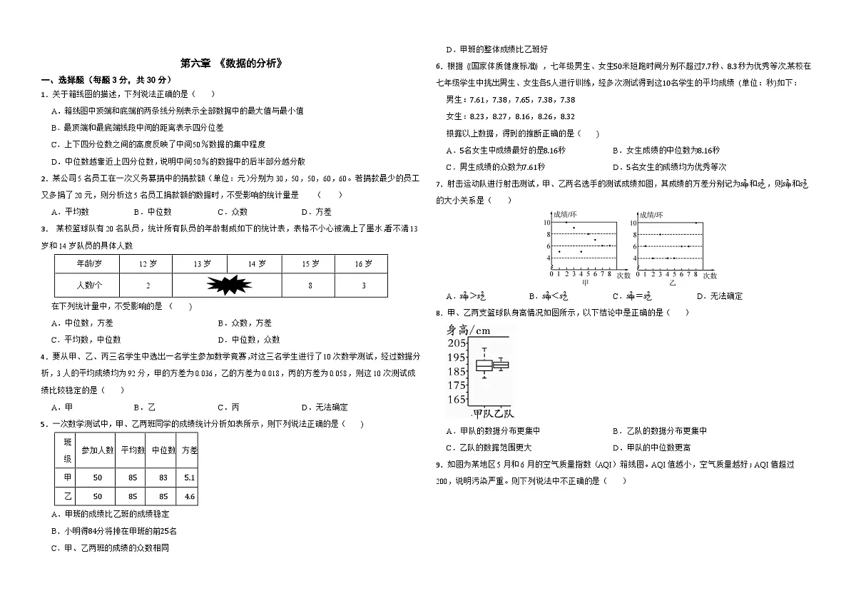 第六章 《数据的分析》-同步训练- 2025-2026学年北师大版数学八年级上册(有答案)第1页