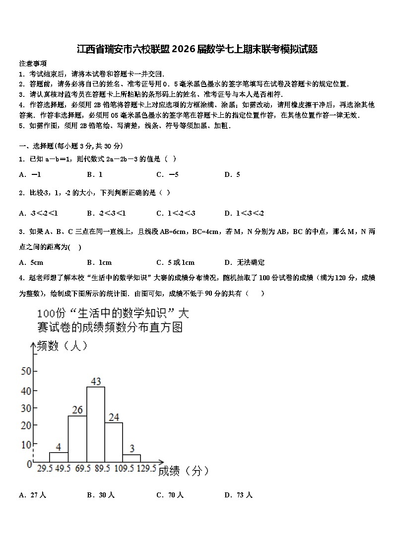 江西省瑞安市六校联盟2026届数学七上期末联考模拟试题含解析第1页