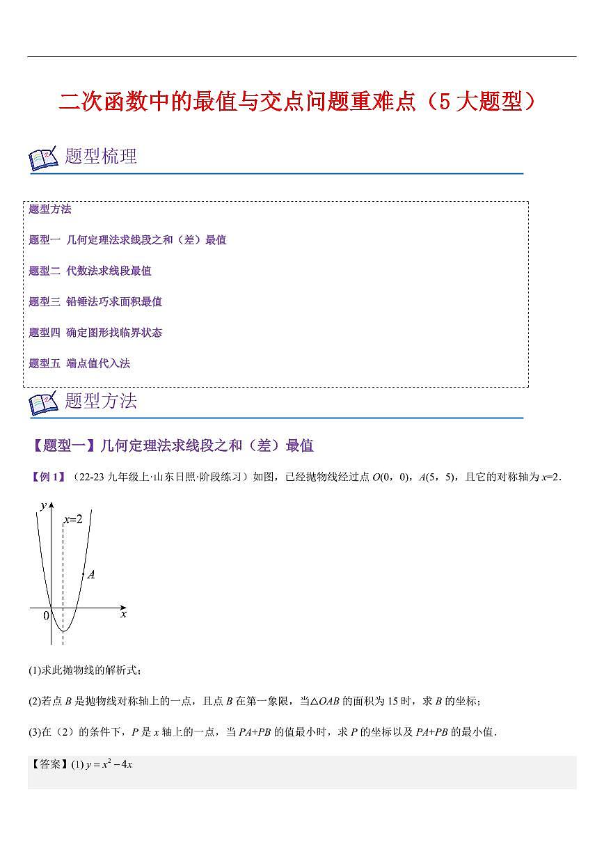 二次函数中的最值与交点问题重难点(5大题型)(解析版)第1页