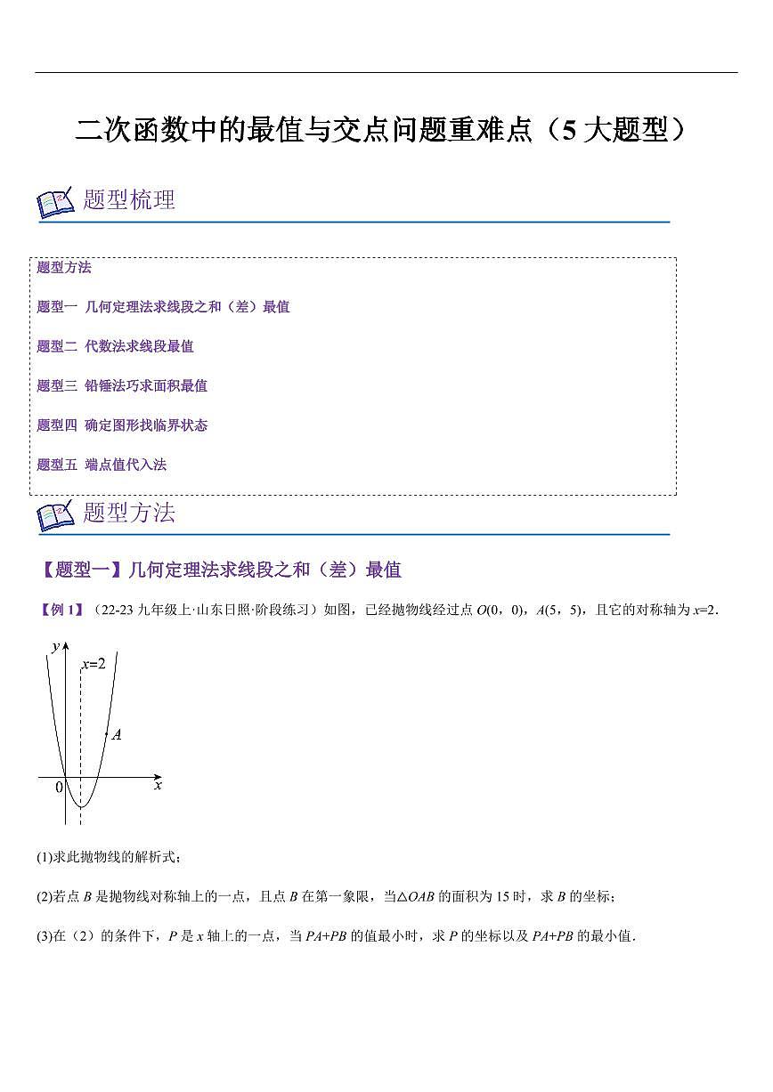 二次函数中的最值与交点问题重难点(5大题型)(原卷版)第1页