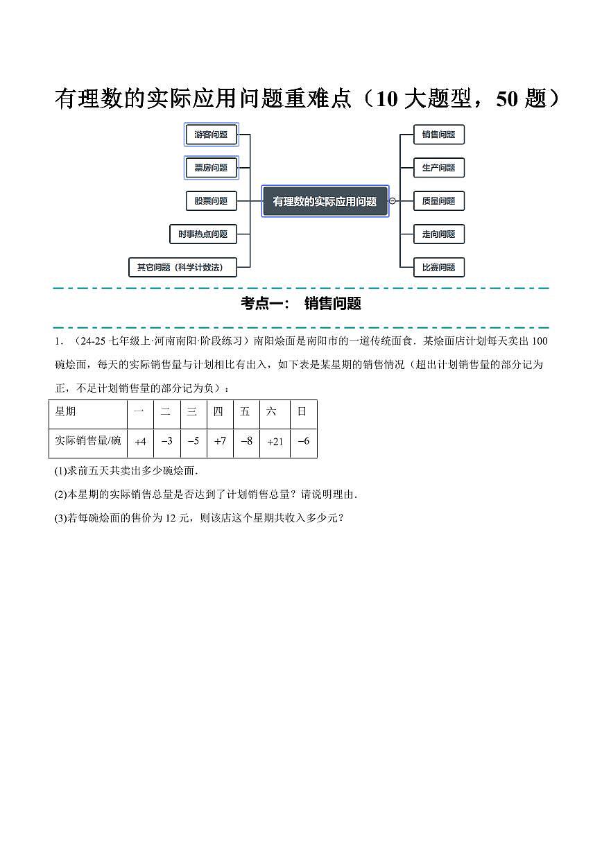 有理数的实际应用问题重难点(10大题型,50题)(原卷版)第1页