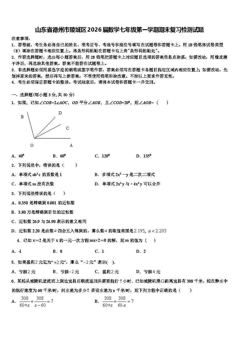 山东省德州市陵城区2026届数学七年级第一学期期末复习检测试题含解析第1页