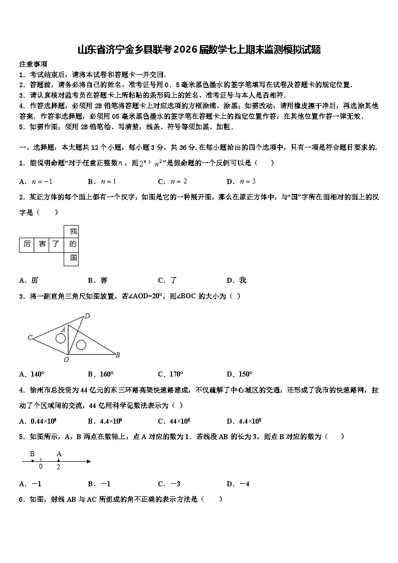 山东省济宁金乡县联考2026届数学七上期末监测模拟试题含解析第1页