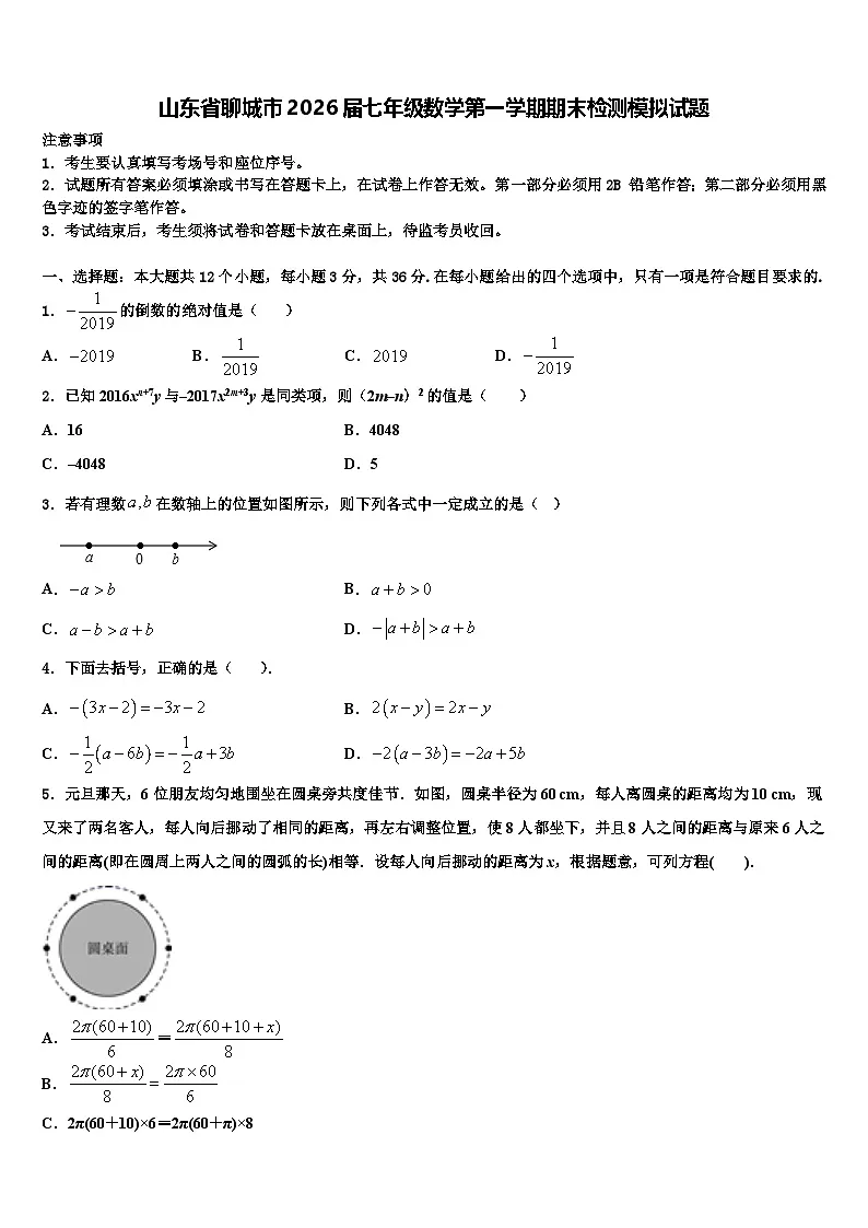 山东省聊城市2026届七年级数学第一学期期末检测模拟试题含解析第1页