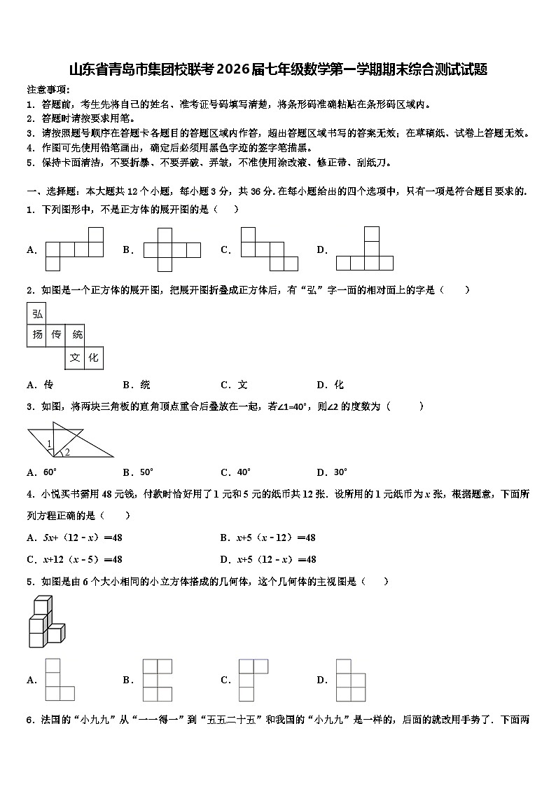 山东省青岛市集团校联考2026届七年级数学第一学期期末综合测试试题含解析第1页