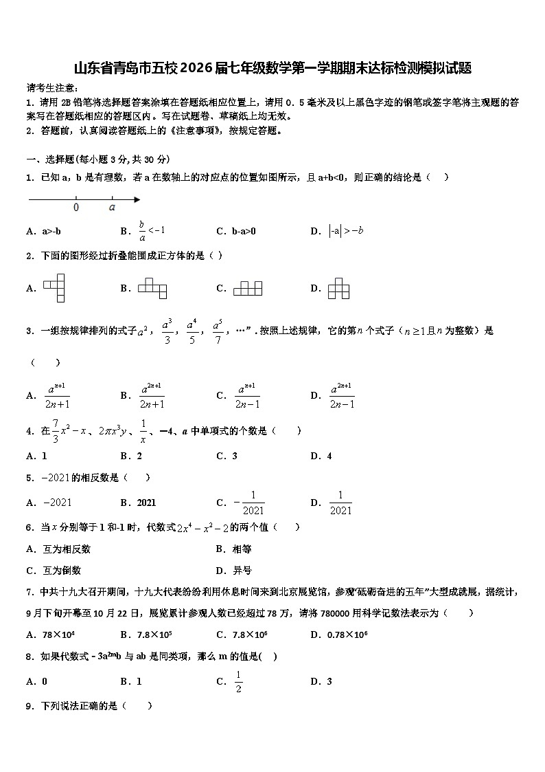 山东省青岛市五校2026届七年级数学第一学期期末达标检测模拟试题含解析第1页