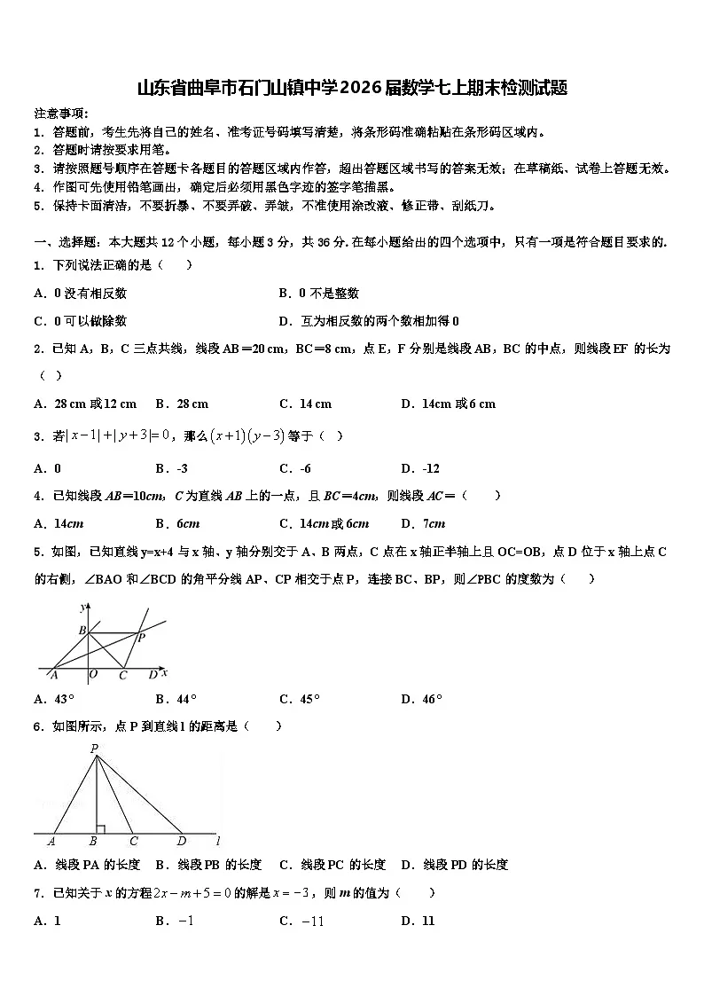 山东省曲阜市石门山镇中学2026届数学七上期末检测试题含解析第1页