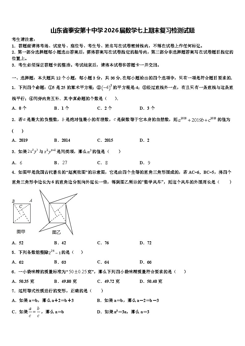 山东省泰安第十中学2026届数学七上期末复习检测试题含解析第1页