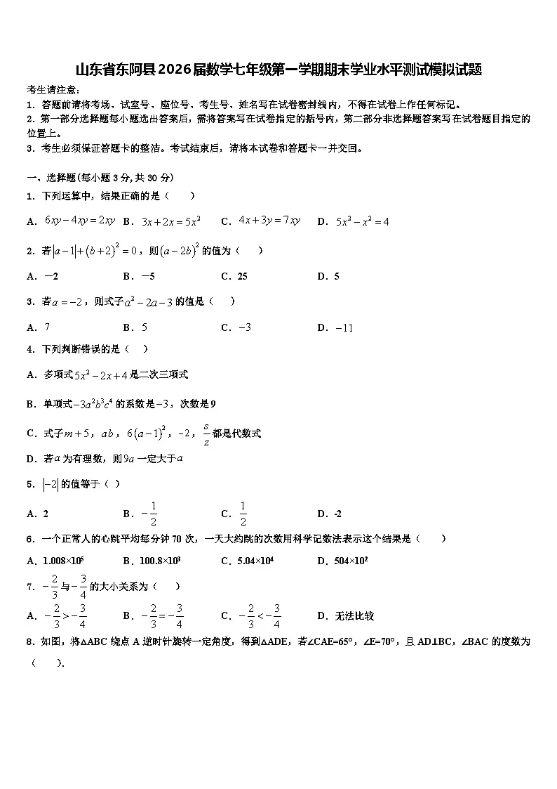 山东省东阿县2026届数学七年级第一学期期末学业水平测试模拟试题含解析第1页