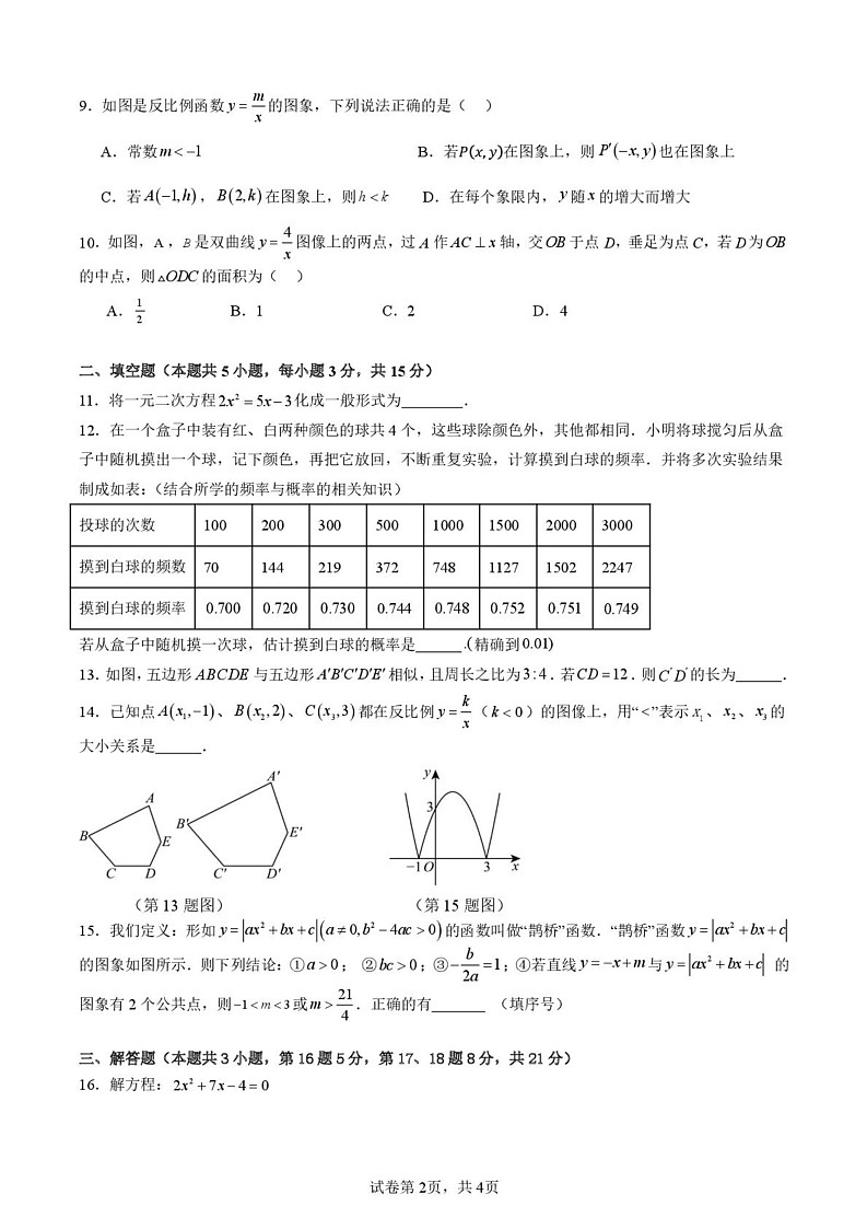 广东省惠州市惠阳区第五中学2024-2025学年九年级上学期1月期末数学试题第2页