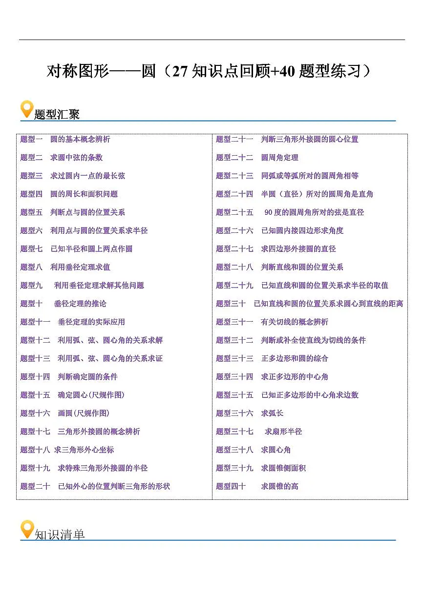 对称图形——圆 章节(27知识点回顾+40题型练习)(原卷版)第1页