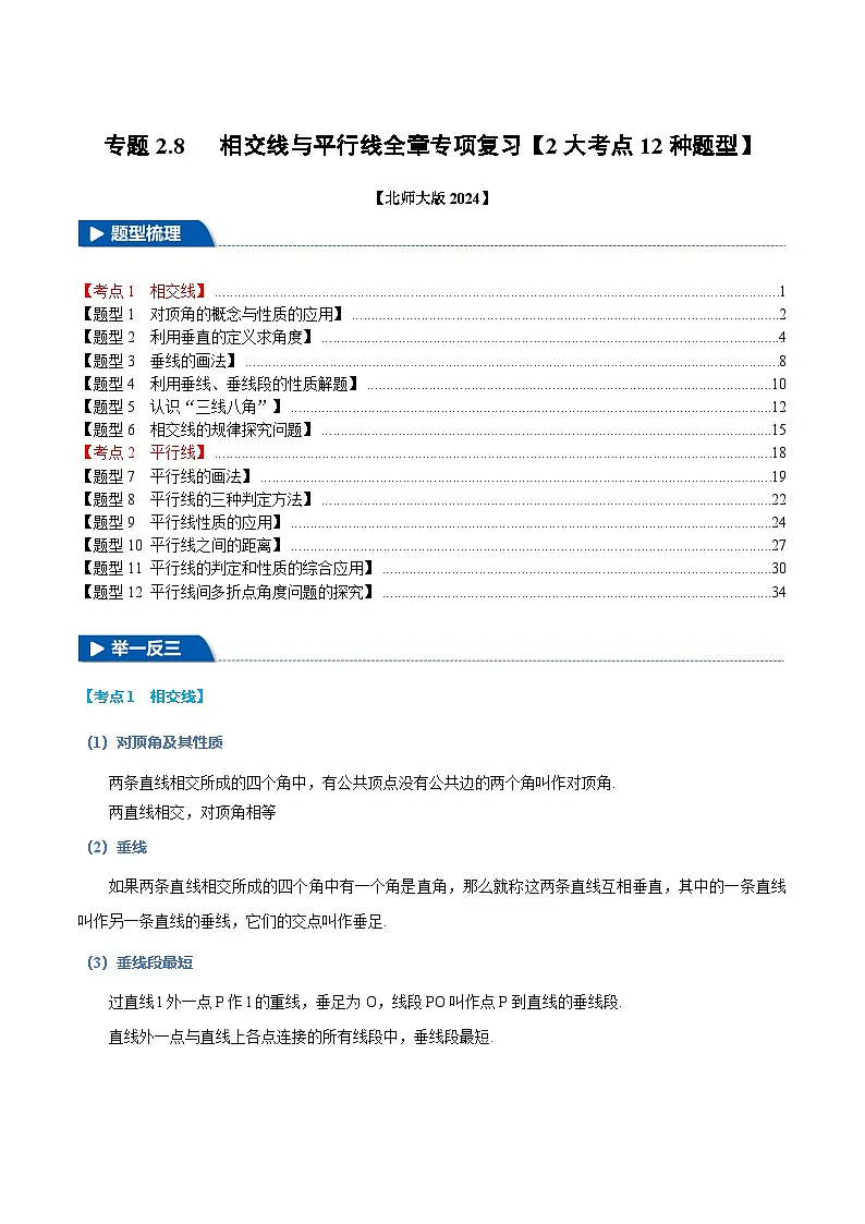 专题2.8 相交线与平行线全章专项复习【2大考点12种题型】(举一反三)(北师大版2024)(解析版)第1页