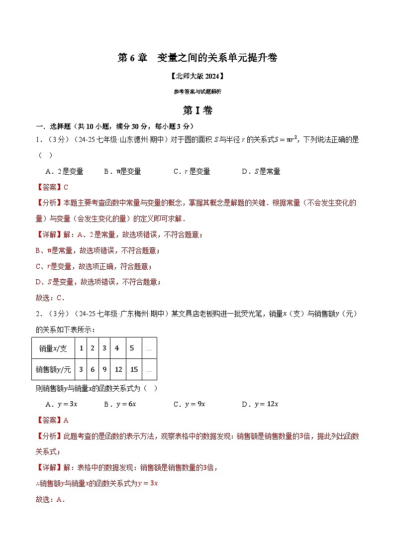 专题6.2 变量之间的关系单元提升卷(北师大版2024)(解析版)第1页