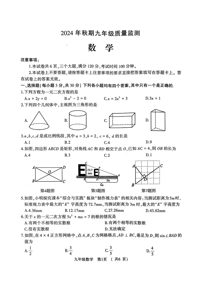 河南省驻马店市驿城区驻马店市部分初中期末联考2024-2025学年九年级上学期1月期末数学试题第1页