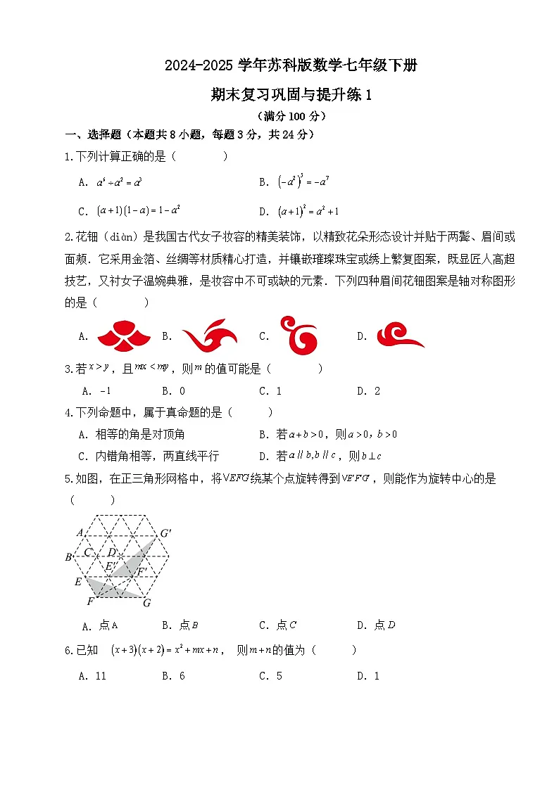 2024-2025学年苏科版数学七年级下册期末复习巩固与提升练1第1页