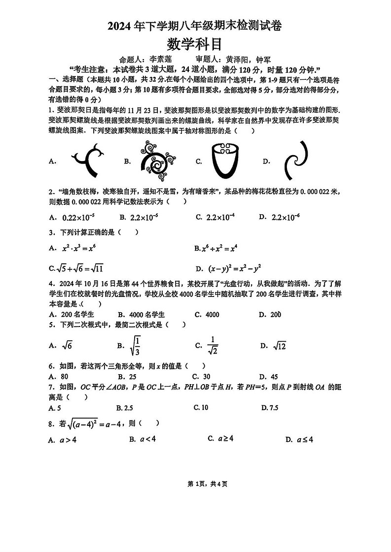 湖南省雅礼集团2024-2025学年八年级上学期期末考试数学试题第1页