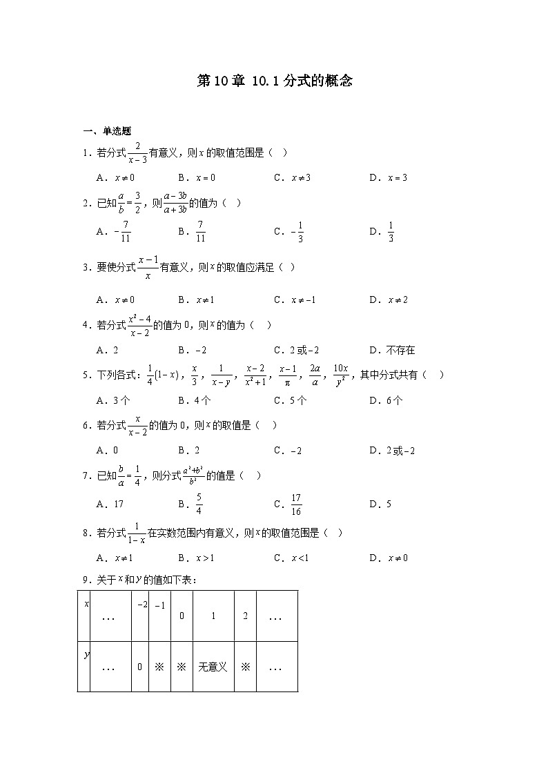 苏教版初中数学八年级下册同步练习第10章10.1分式的概念第1页