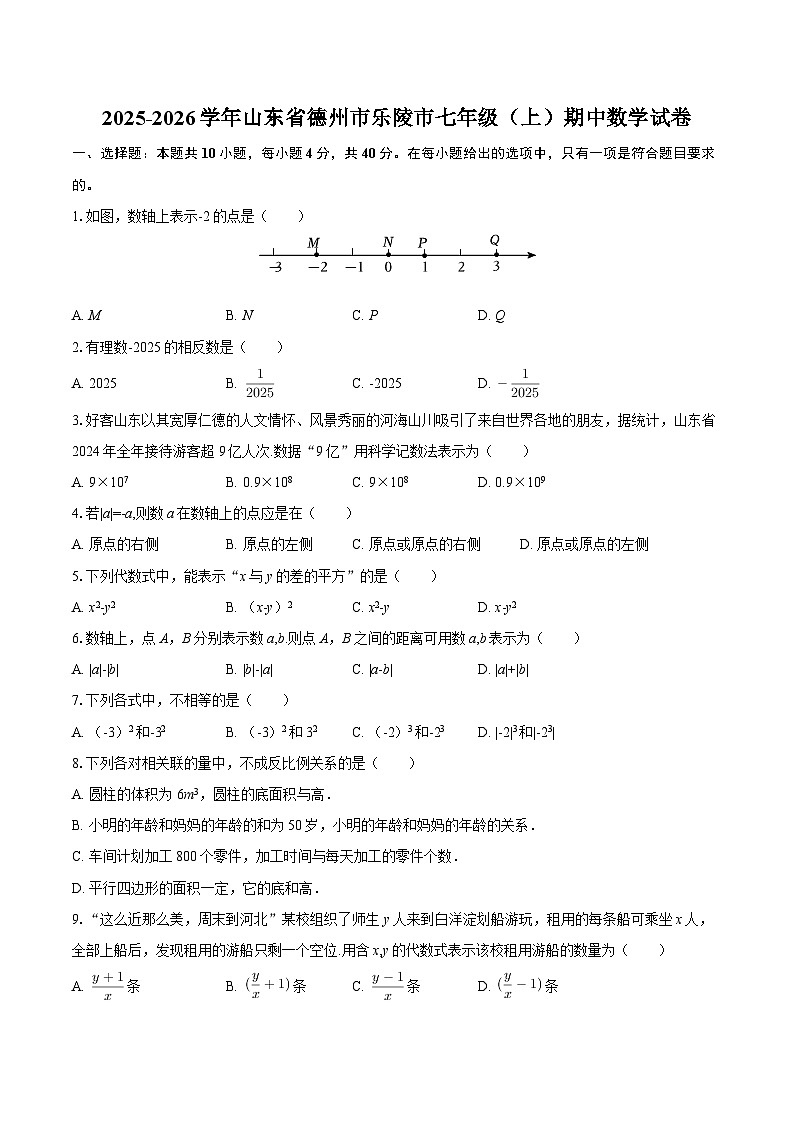2025-2026学年山东省德州市乐陵市七年级(上)期中数学试卷-自定义类型第1页