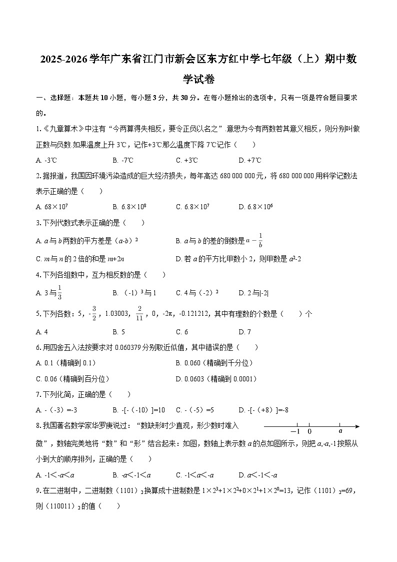 2025-2026学年广东省江门市新会区东方红中学七年级(上)期中数学试卷-自定义类型第1页