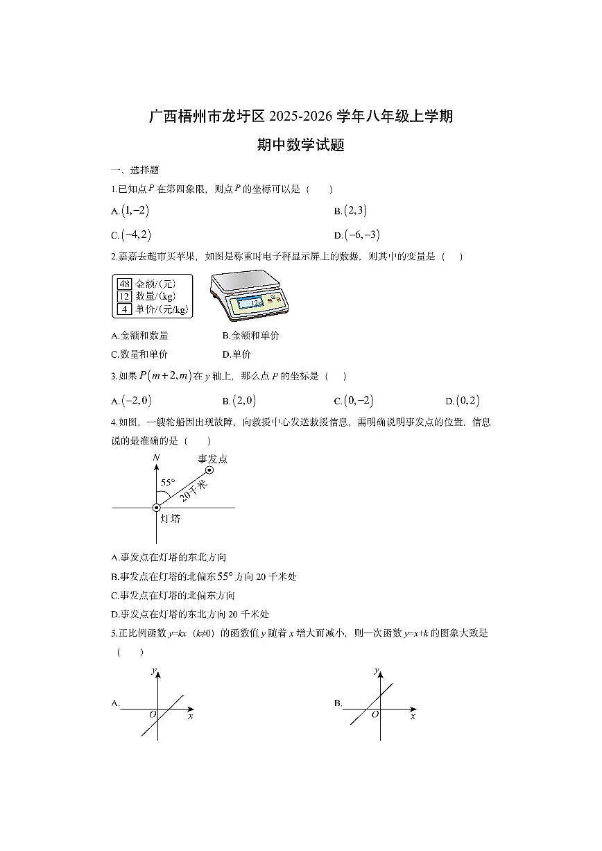 广西梧州市龙圩区2025-2026学年八年级上学期期中数学试卷(学生版)第1页