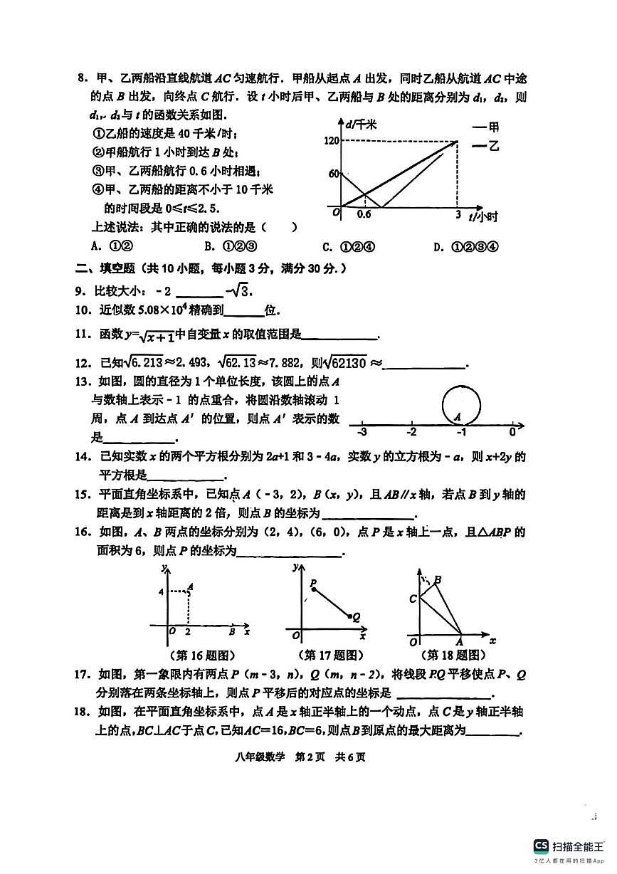 江苏省宿迁市沭阳县怀文学校2023-2024学年上学期八年级数学第二次月考试卷第2页