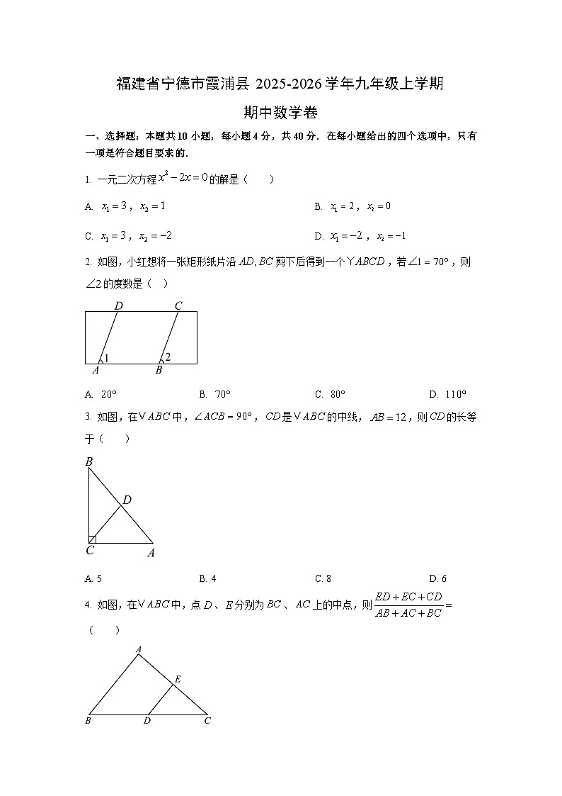 福建省宁德市霞浦县2025-2026学年九年级上学期期中卷数学试卷(学生版)第1页