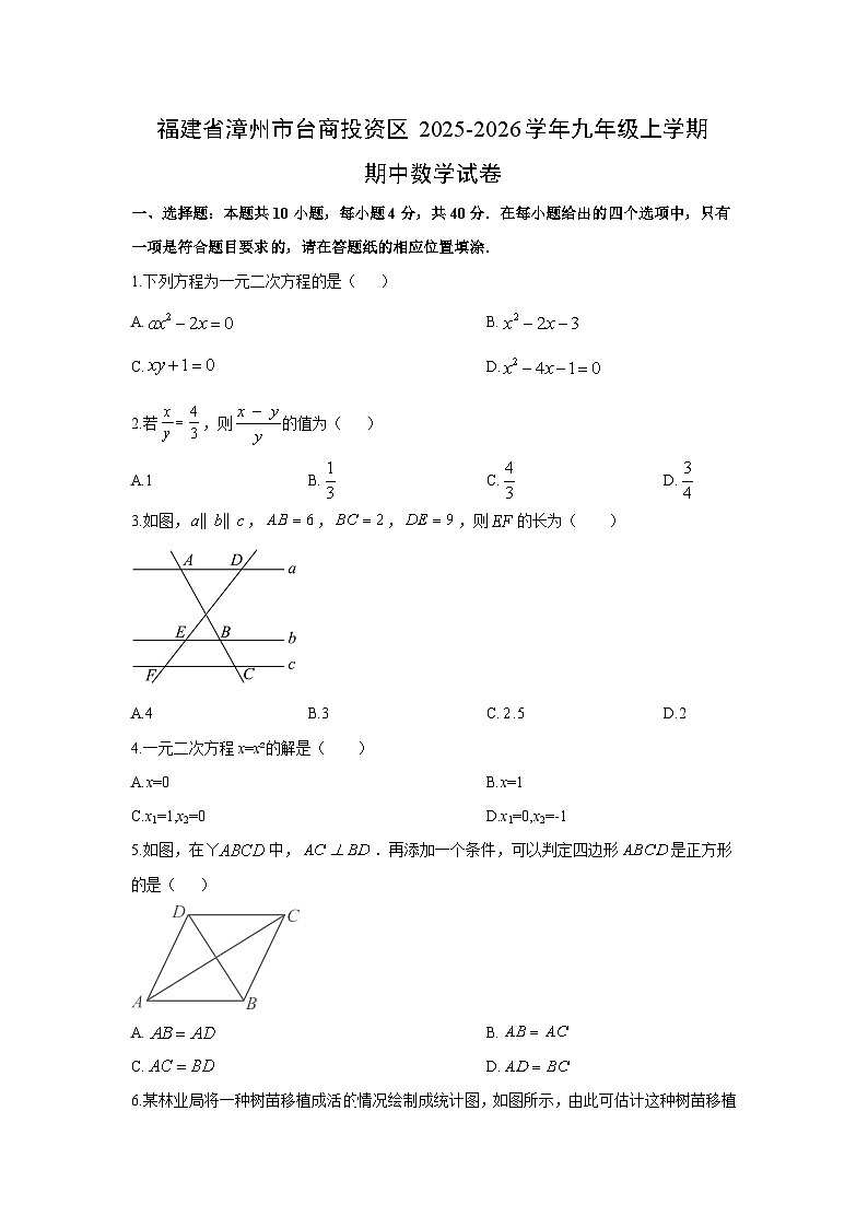 福建省漳州市台商投资区2025-2026学年九年级上学期期中卷数学试卷(学生版)第1页