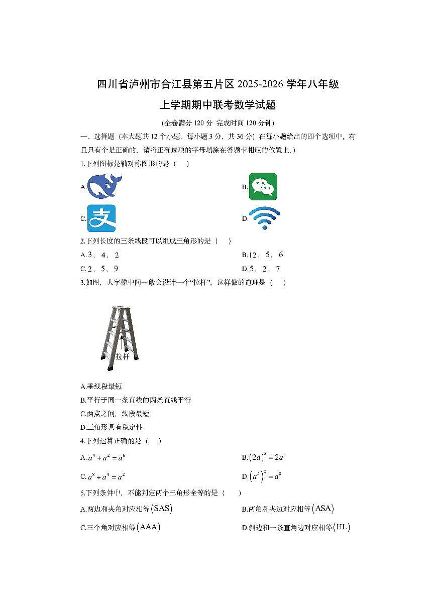 四川省泸州市合江县第五片区2025-2026学年八年级上学期期中联考数学试卷(学生版)第1页