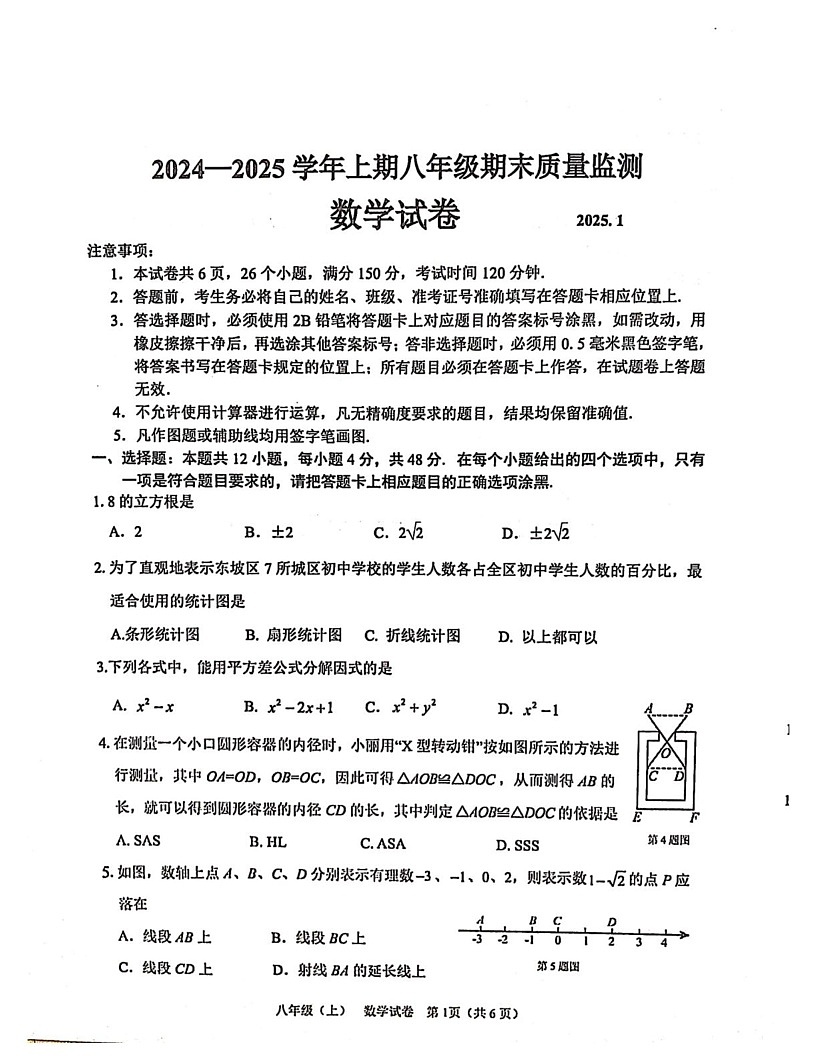 四川省眉山市东坡区2024-2025学年八年级上学期数学期末试卷第1页