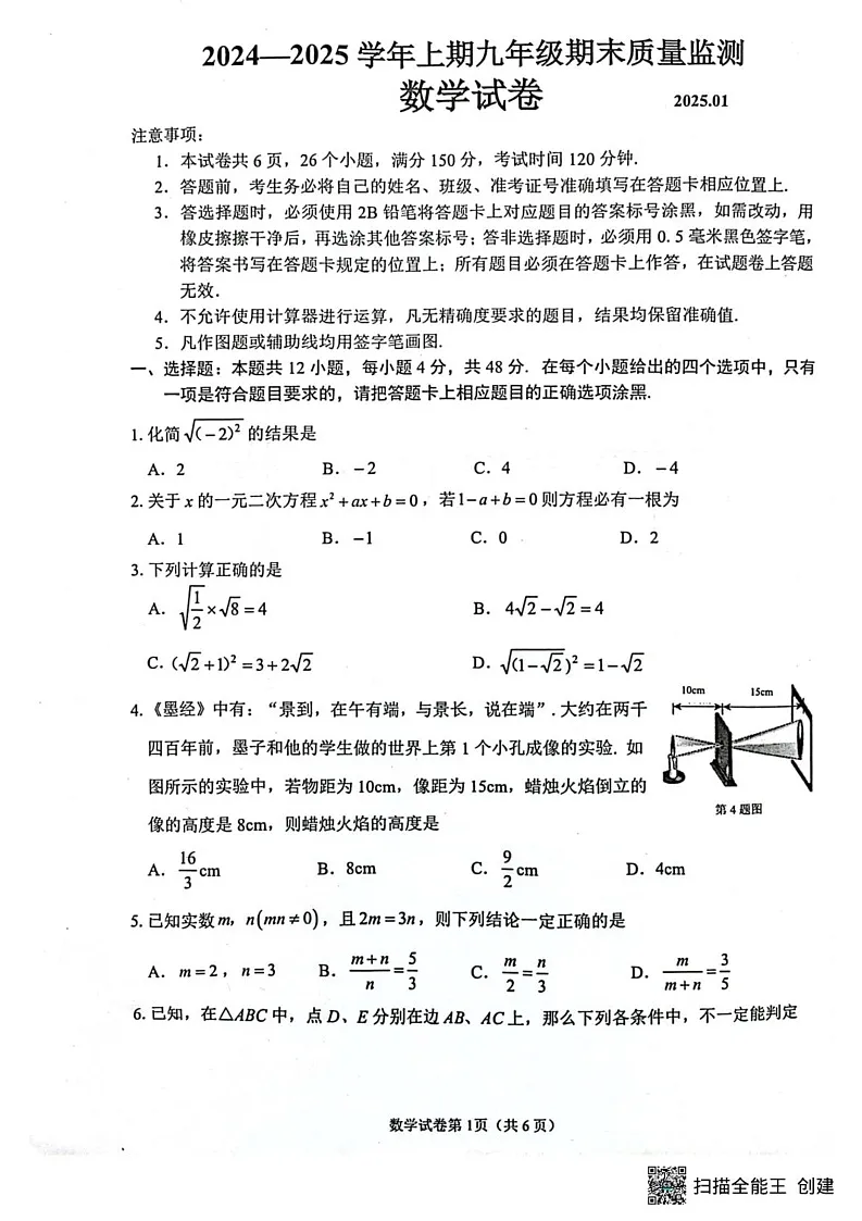 四川省眉山市东坡区2024—2025学年上学期九年级数学期末测试卷第1页