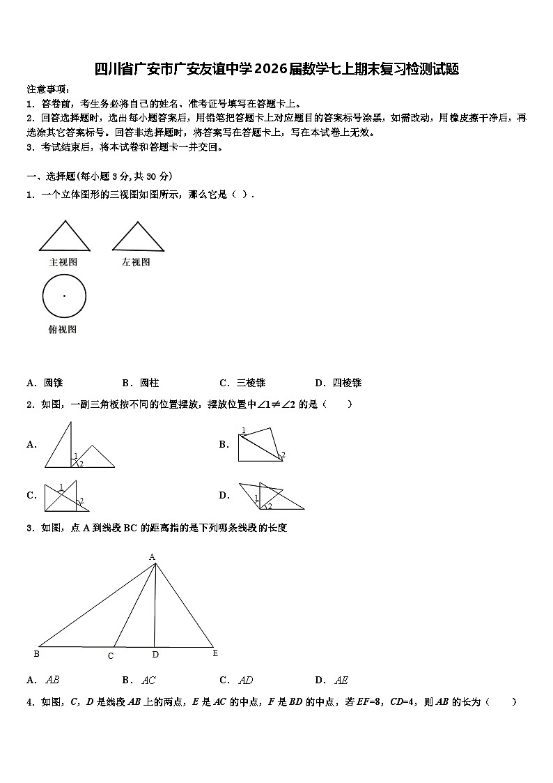 四川省广安市广安友谊中学2026届数学七上期末复习检测试题含解析第1页