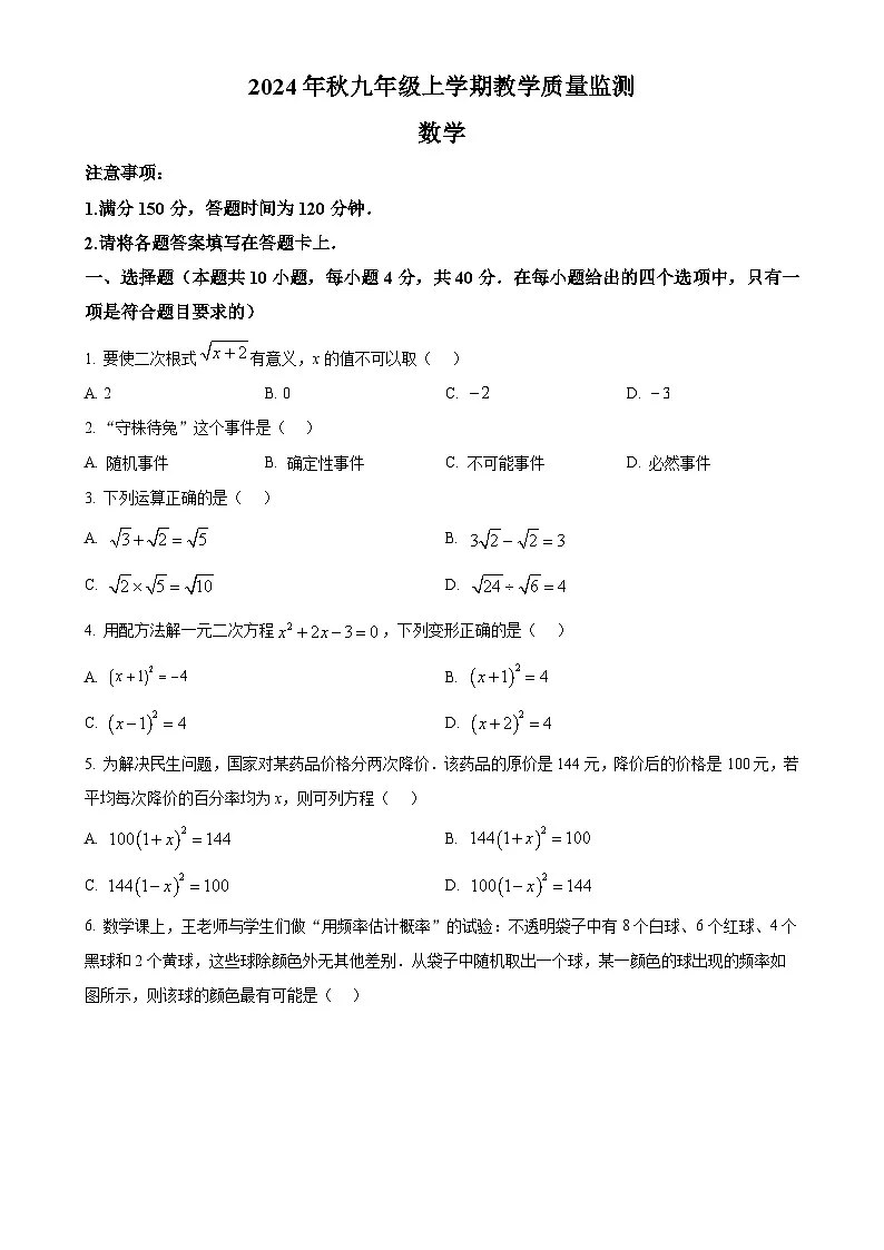 福建省泉州台商投资区上学期九年级数学期末试卷(原卷版)-A4第1页