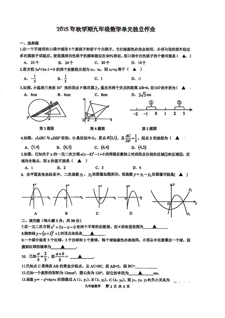 江苏省泰州中学附属初级中学2025-2026学年上学期九年级第二次月考数学试卷第1页