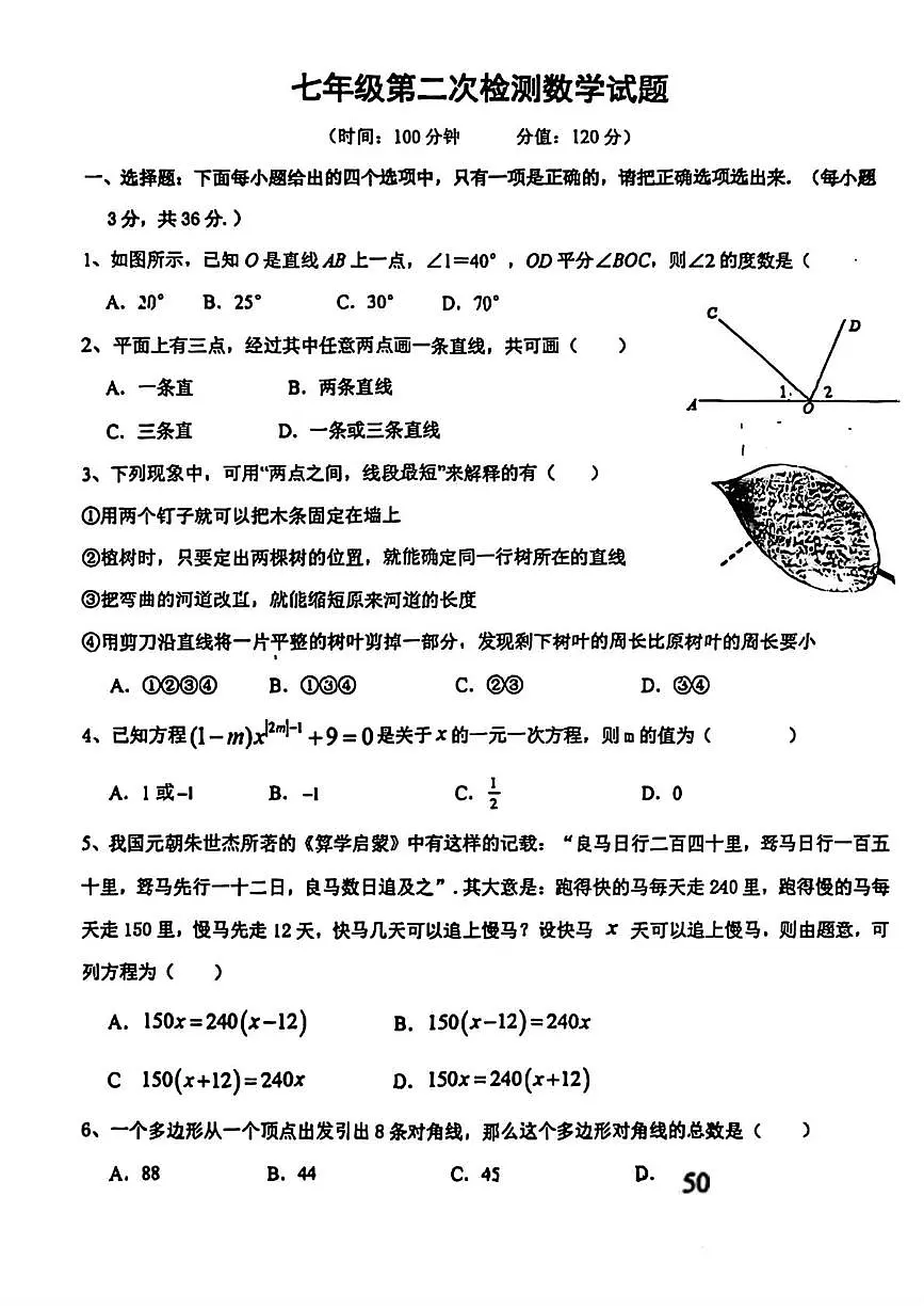 山东省枣庄市滕州市育才中学2025-2026学年七年级上学期期中12月月考数学试题第1页