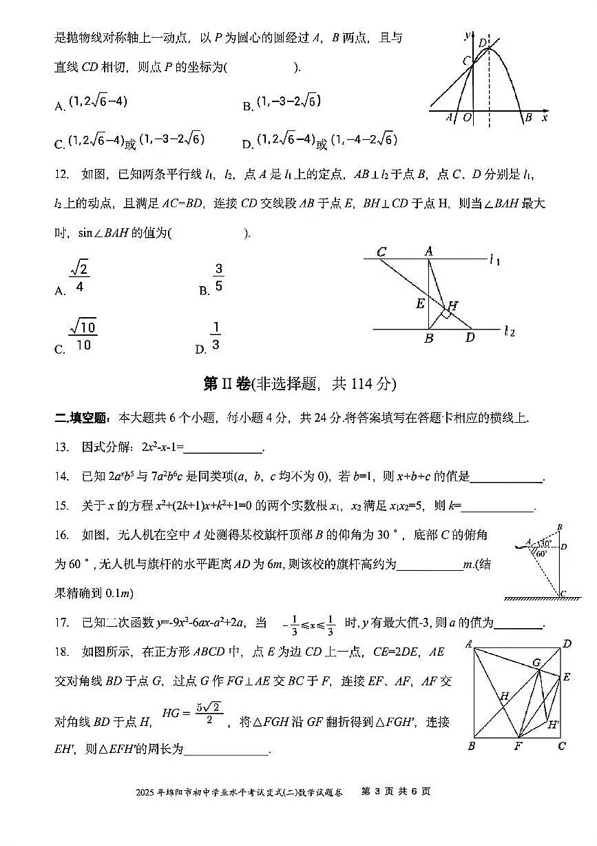 2025年绵阳市初中学业水平考试变式(二)数学试卷(无答案)第3页