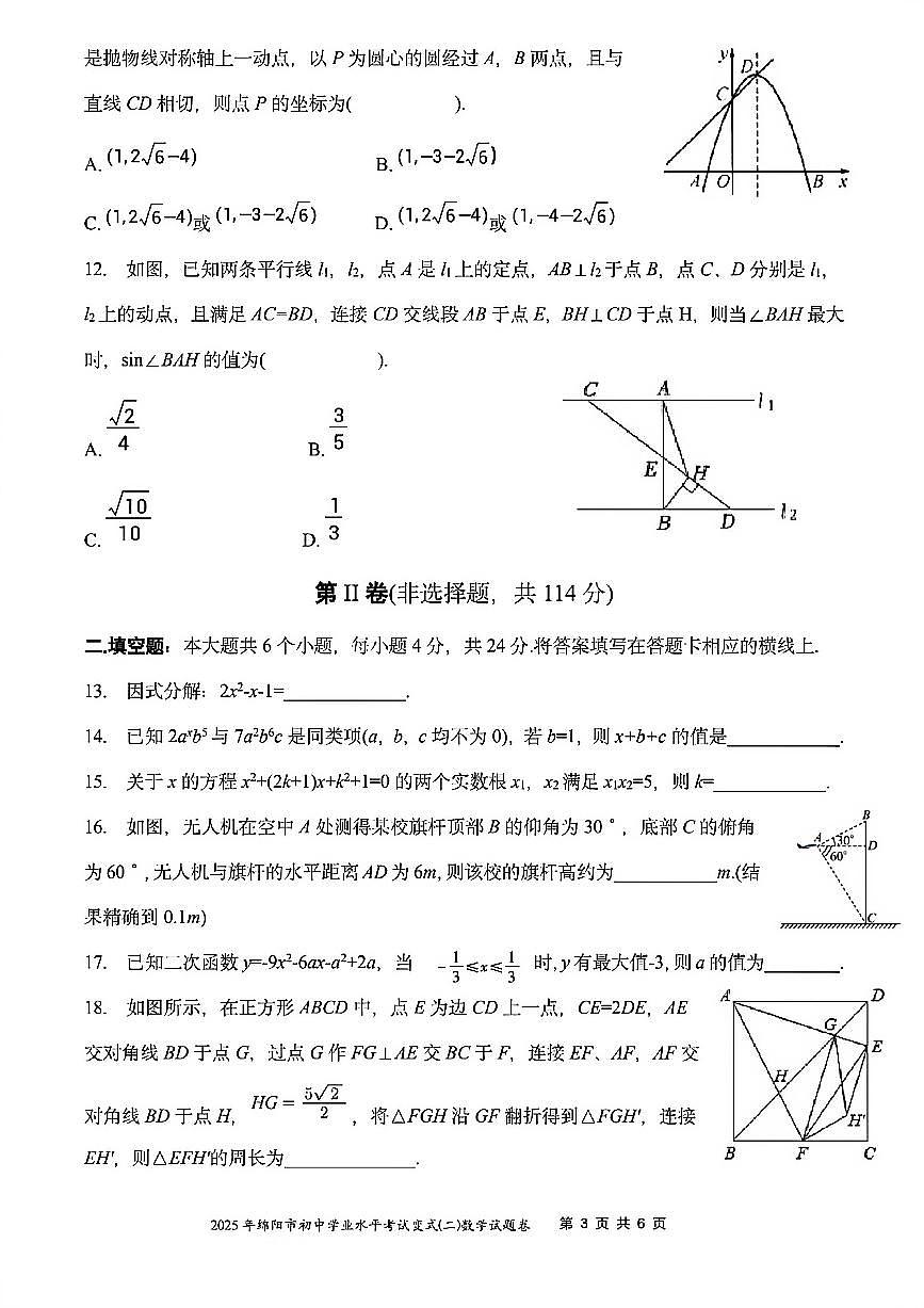 2025年绵阳市初中学业水平考试变式(二)数学试卷(无答案)第3页