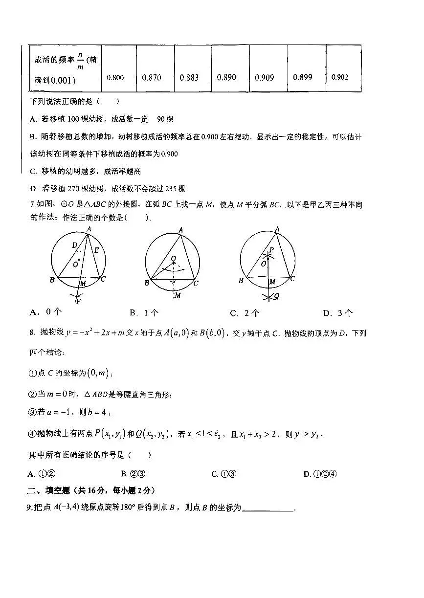 2025北京广渠门中学初三上12月月考数学试卷第2页