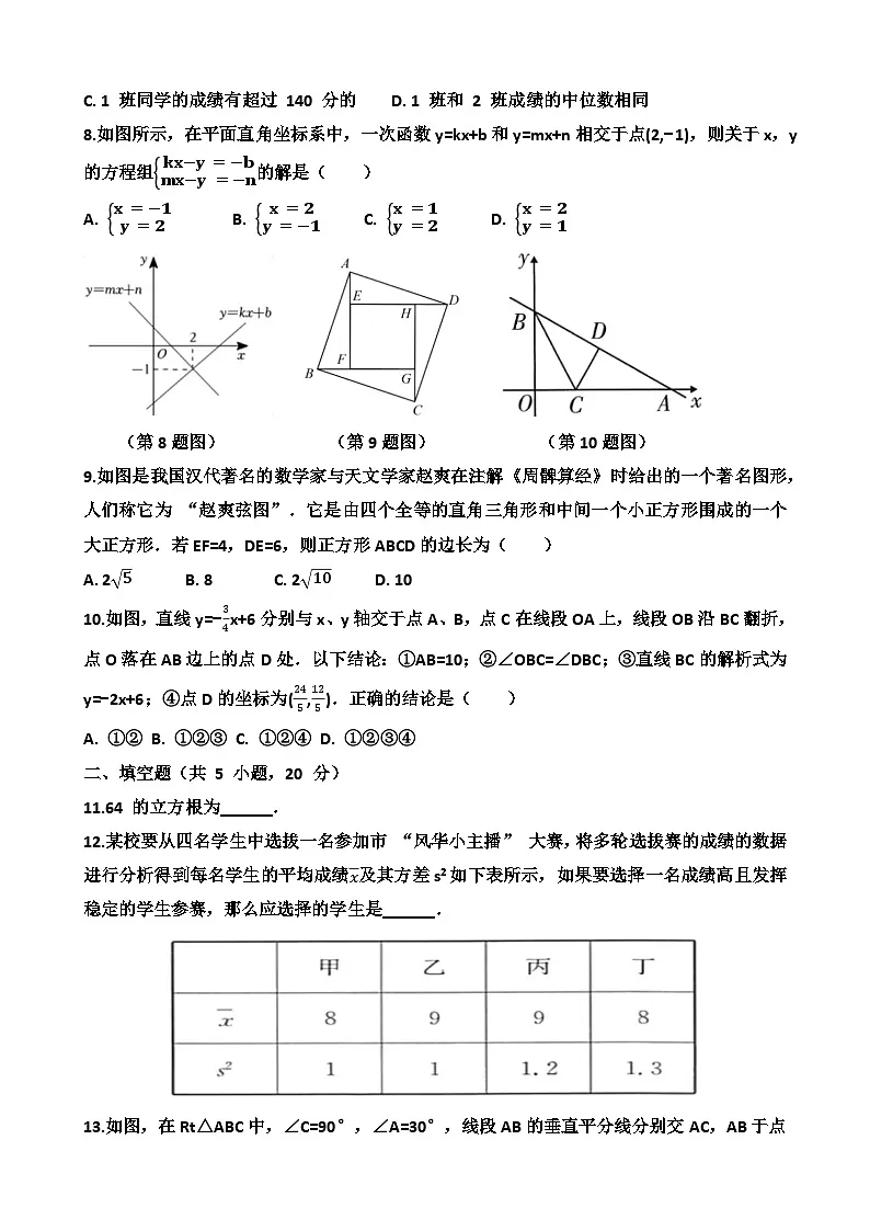 2025~2026学年济南天桥区泺口实验学校八年级上学期12月份数学考试试卷以及答案第2页