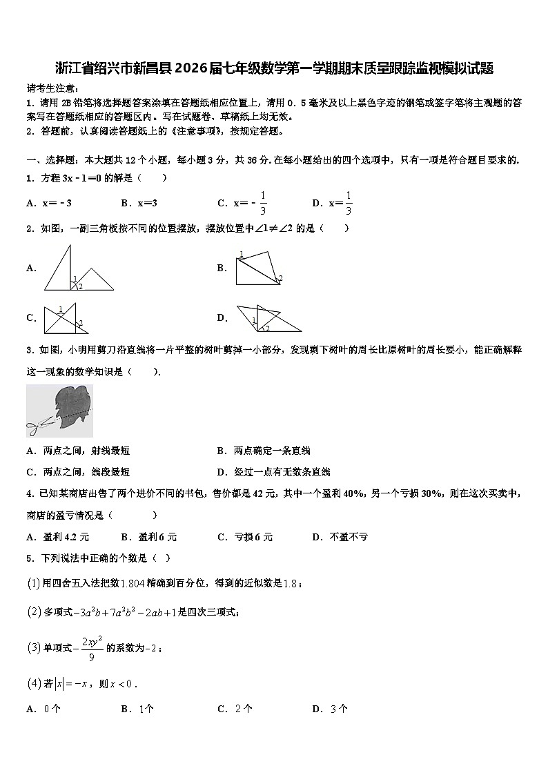 浙江省绍兴市新昌县2026届七年级数学第一学期期末质量跟踪监视模拟试题含解析第1页