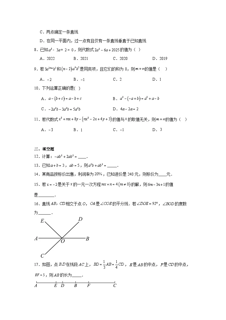 期末复习题2025-2026学年人教版七年级数学上册(含答案)-人教版(2024)七上第2页