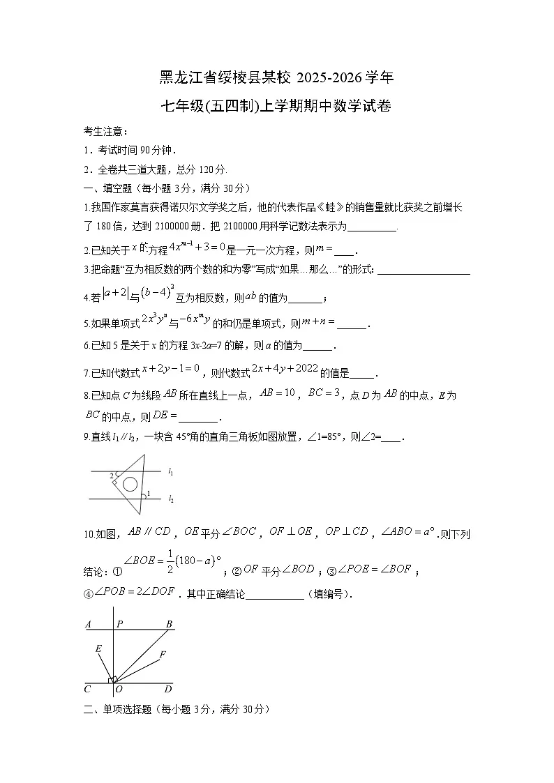 2025-2026学年黑龙江省绥棱县某校七年级(五四制)上学期期中数学试卷(学生版)第1页