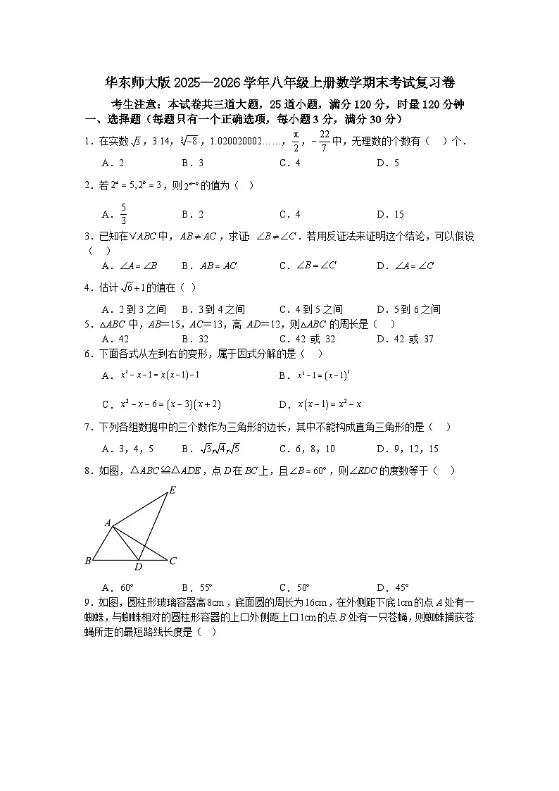 华东师大版2025—2026学年八年级上册数学期末考试复习卷第1页